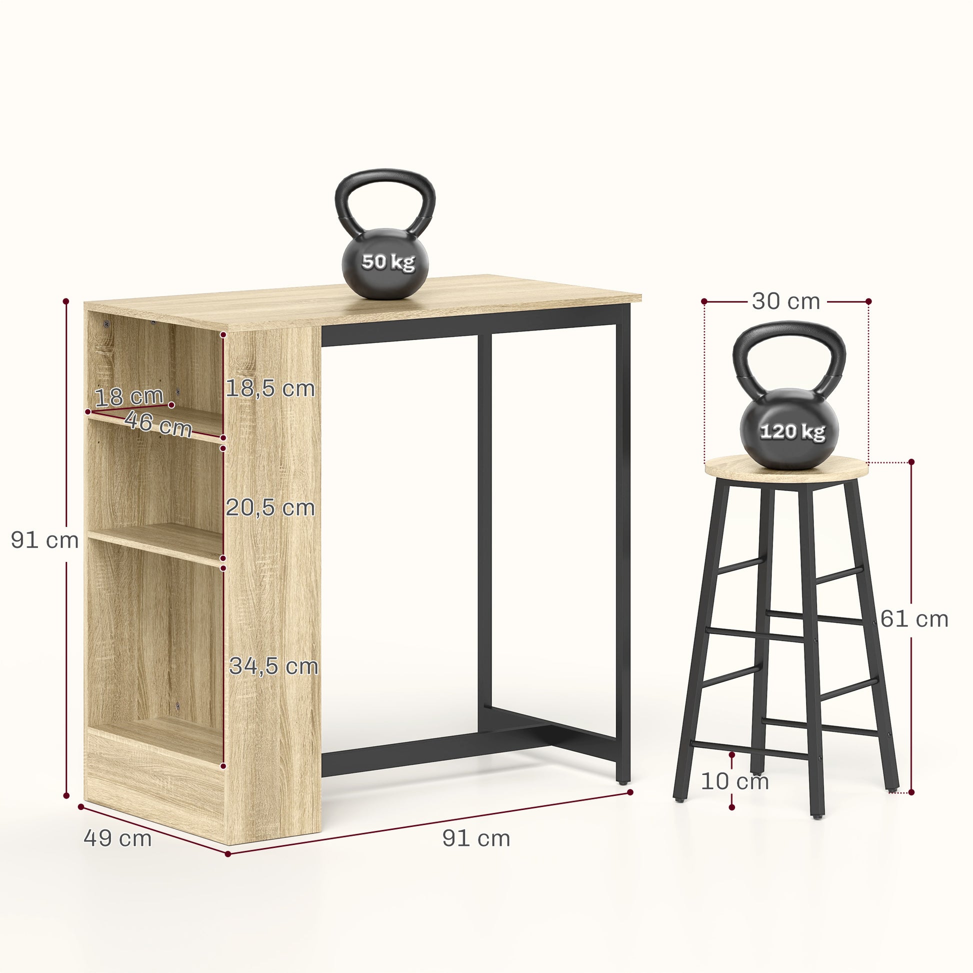 Bar Table Set Bar Table with Bar Stool Set Kitchen Counter with 2 Bar Chairs and Footrest Modern Kitchen Table with 4 Adjustable Shelves for Kitchen, Dining Room, Oak
