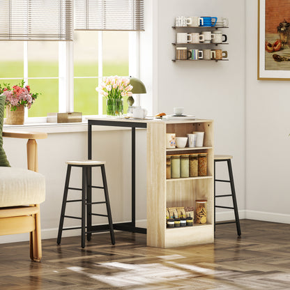 Bar Table Set Bar Table with Bar Stool Set Kitchen Counter with 2 Bar Chairs and Footrest Modern Kitchen Table with 4 Adjustable Shelves for Kitchen, Dining Room, Oak