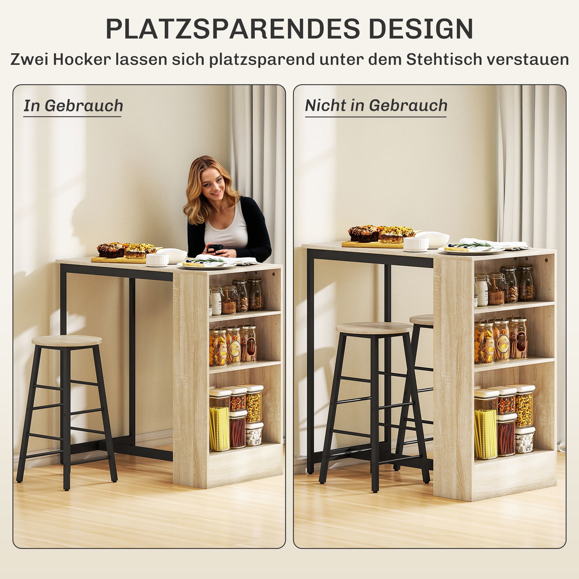 Bar Table Set Bar Table with Bar Stool Set Kitchen Counter with 2 Bar Chairs and Footrest Modern Kitchen Table with 4 Adjustable Shelves for Kitchen, Dining Room, Oak