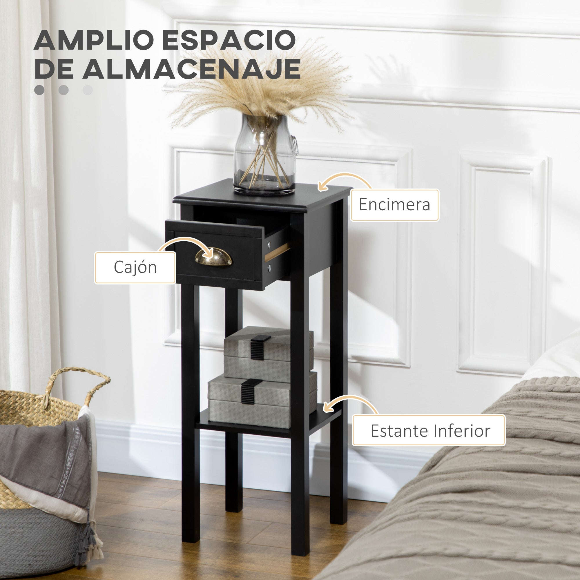 Modern Style Side Table with Drawer and Storage Shelf Nightstand for Living Room Bedroom 30x30x75 cm Black