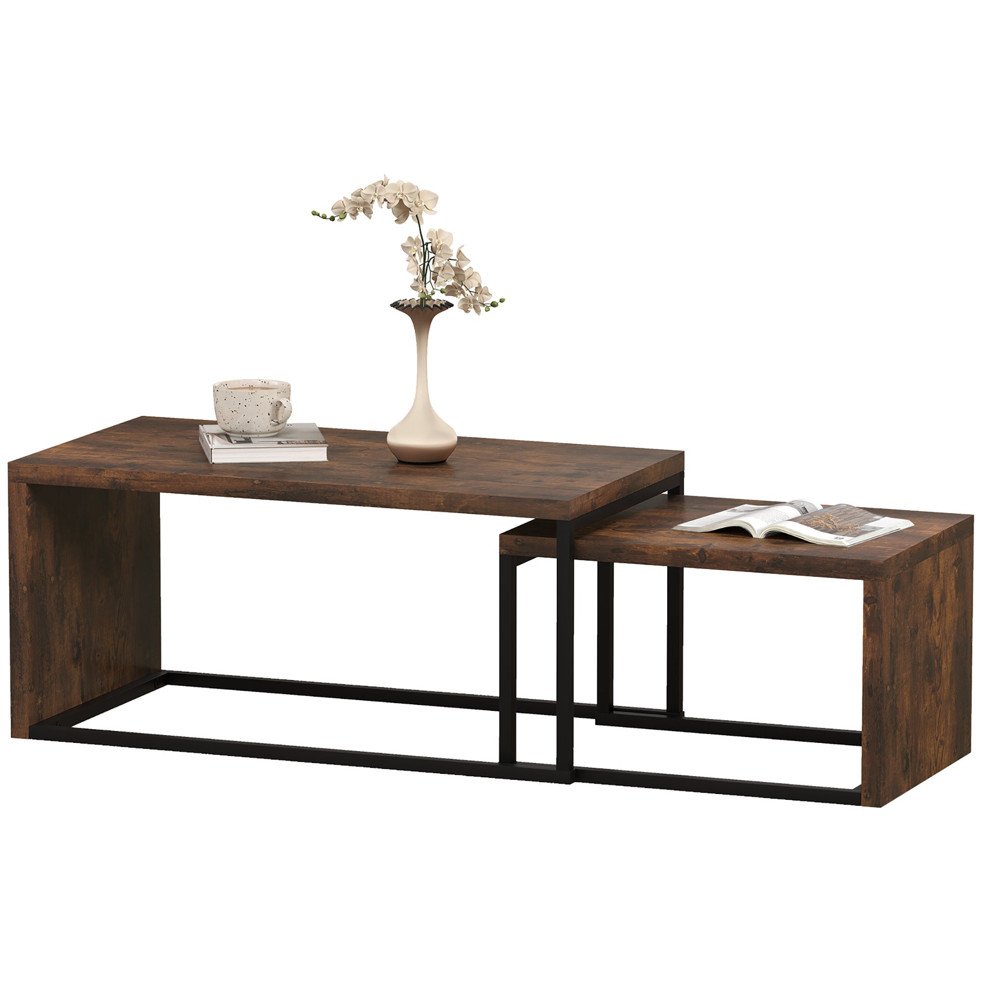 2-Piece Coffee Table Set Living Room Table with Metal Frame, Coffee Table End Table for Living Room Bedroom, Rustic Brown