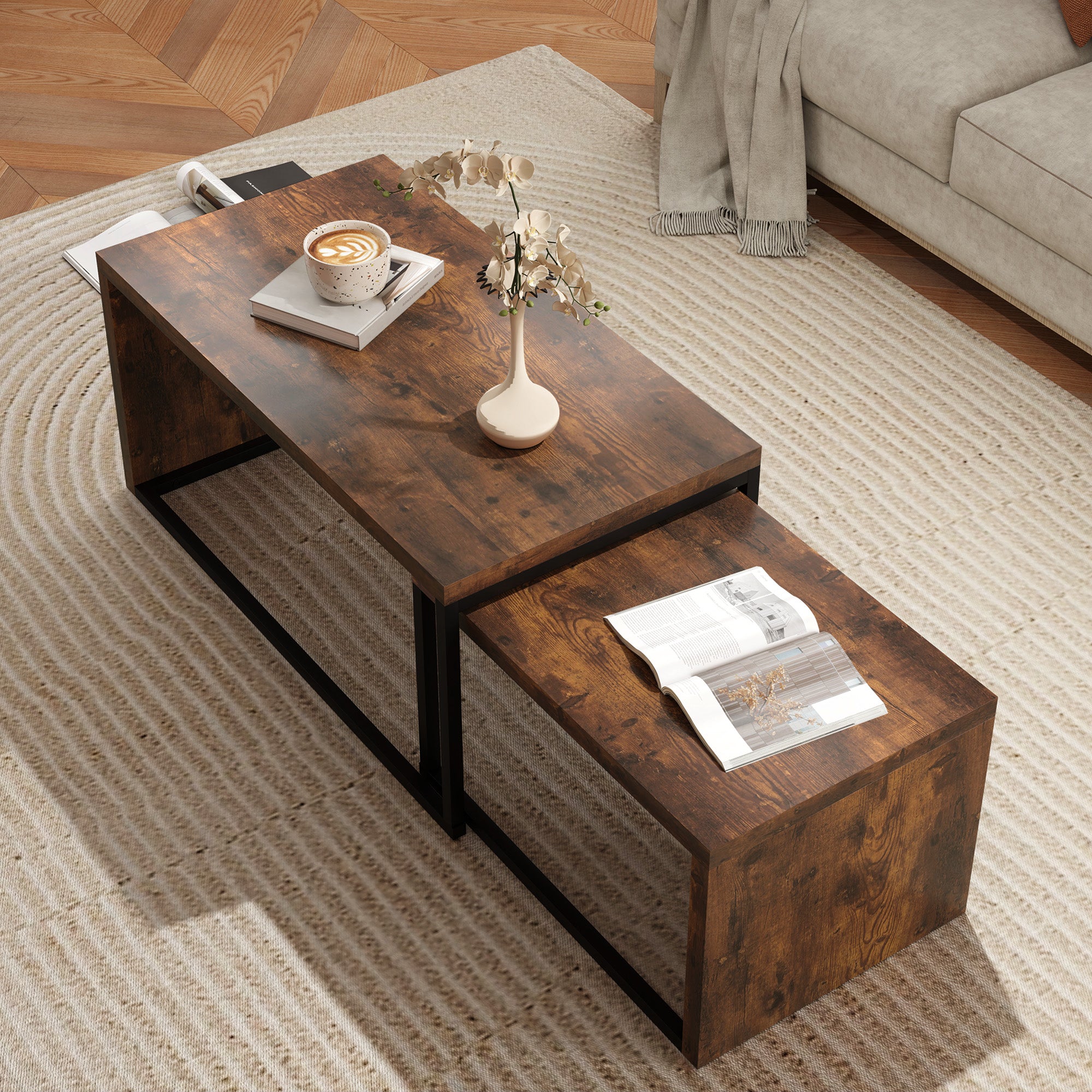 2-Piece Coffee Table Set Living Room Table with Metal Frame, Coffee Table End Table for Living Room Bedroom, Rustic Brown