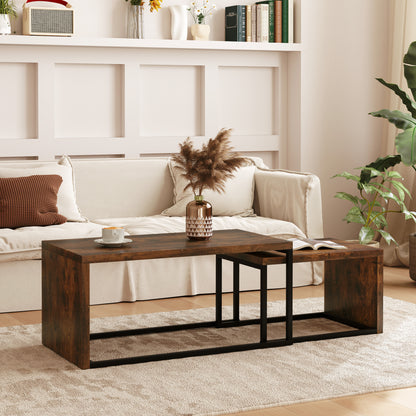 2-Piece Coffee Table Set Living Room Table with Metal Frame, Coffee Table End Table for Living Room Bedroom, Rustic Brown