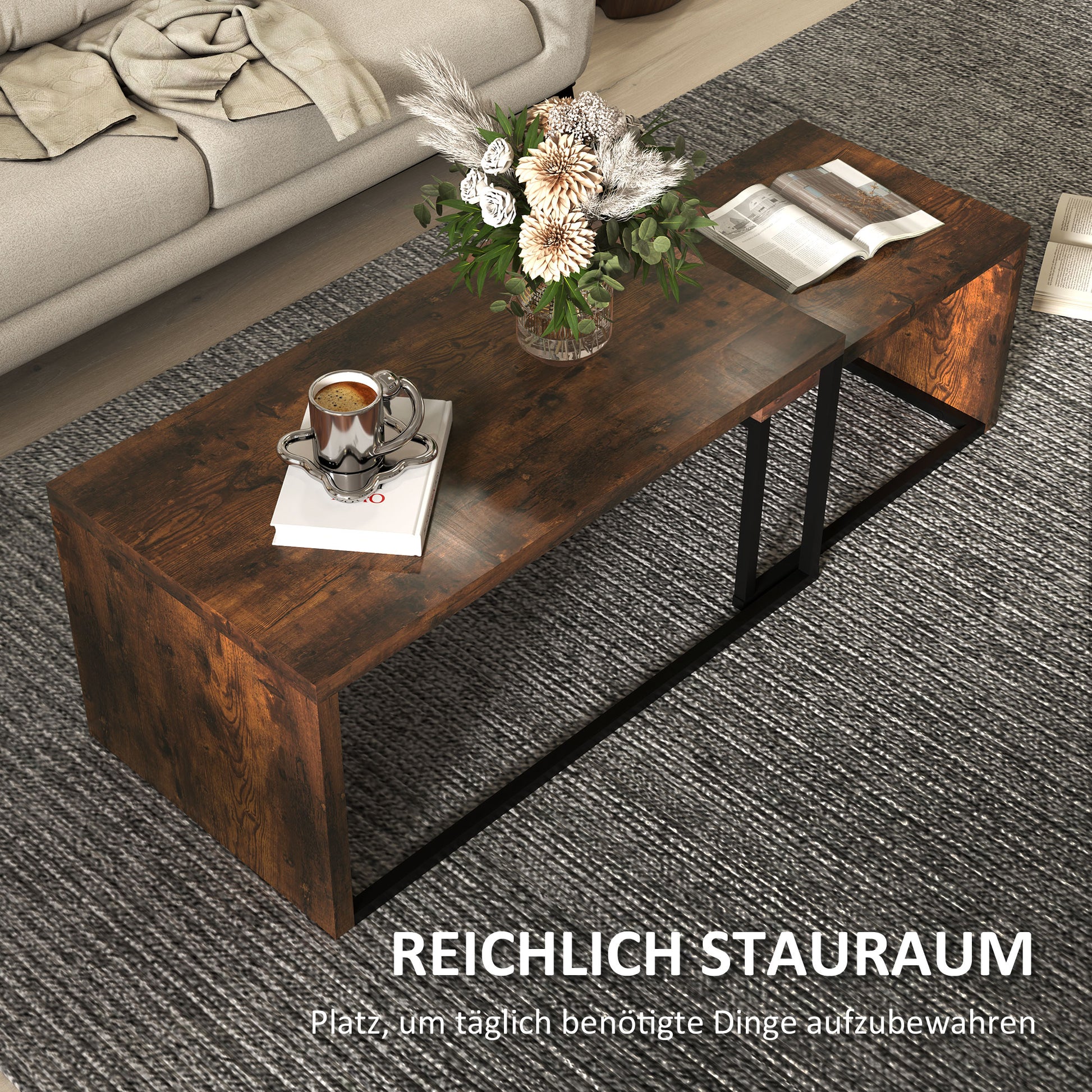2-Piece Coffee Table Set Living Room Table with Metal Frame, Coffee Table End Table for Living Room Bedroom, Rustic Brown