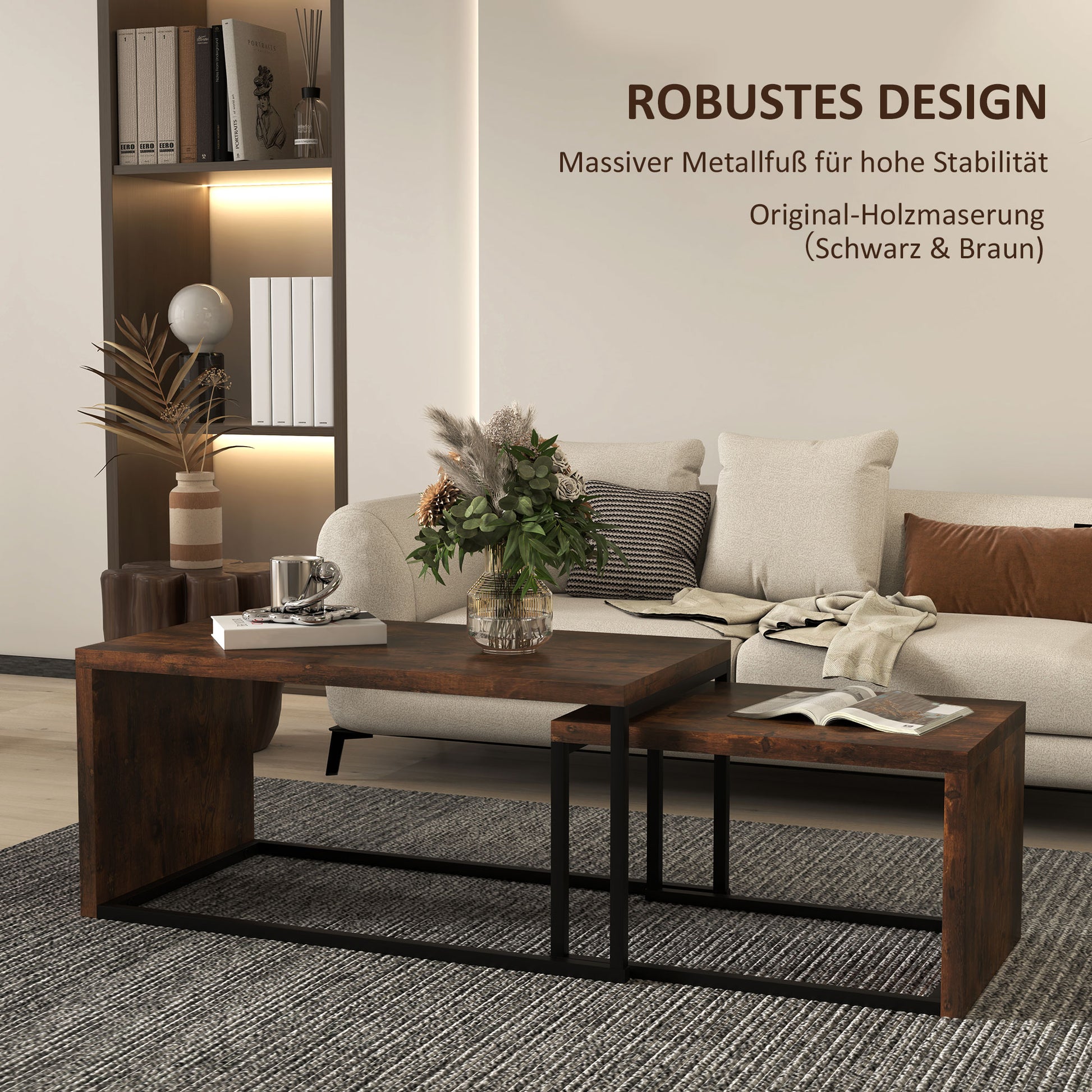 2-Piece Coffee Table Set Living Room Table with Metal Frame, Coffee Table End Table for Living Room Bedroom, Rustic Brown