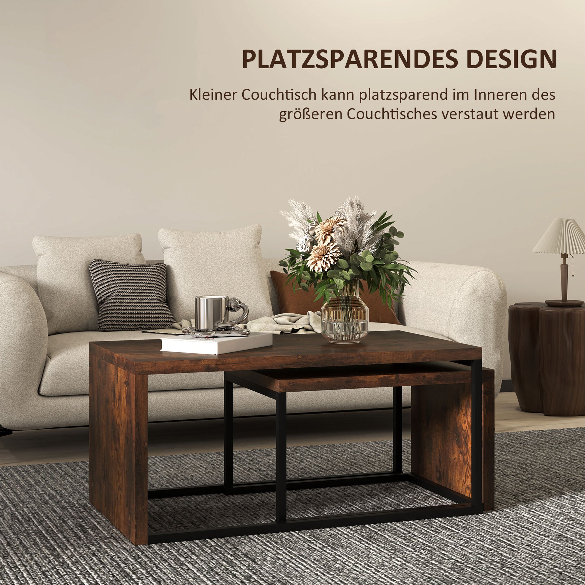 2-Piece Coffee Table Set Living Room Table with Metal Frame, Coffee Table End Table for Living Room Bedroom, Rustic Brown