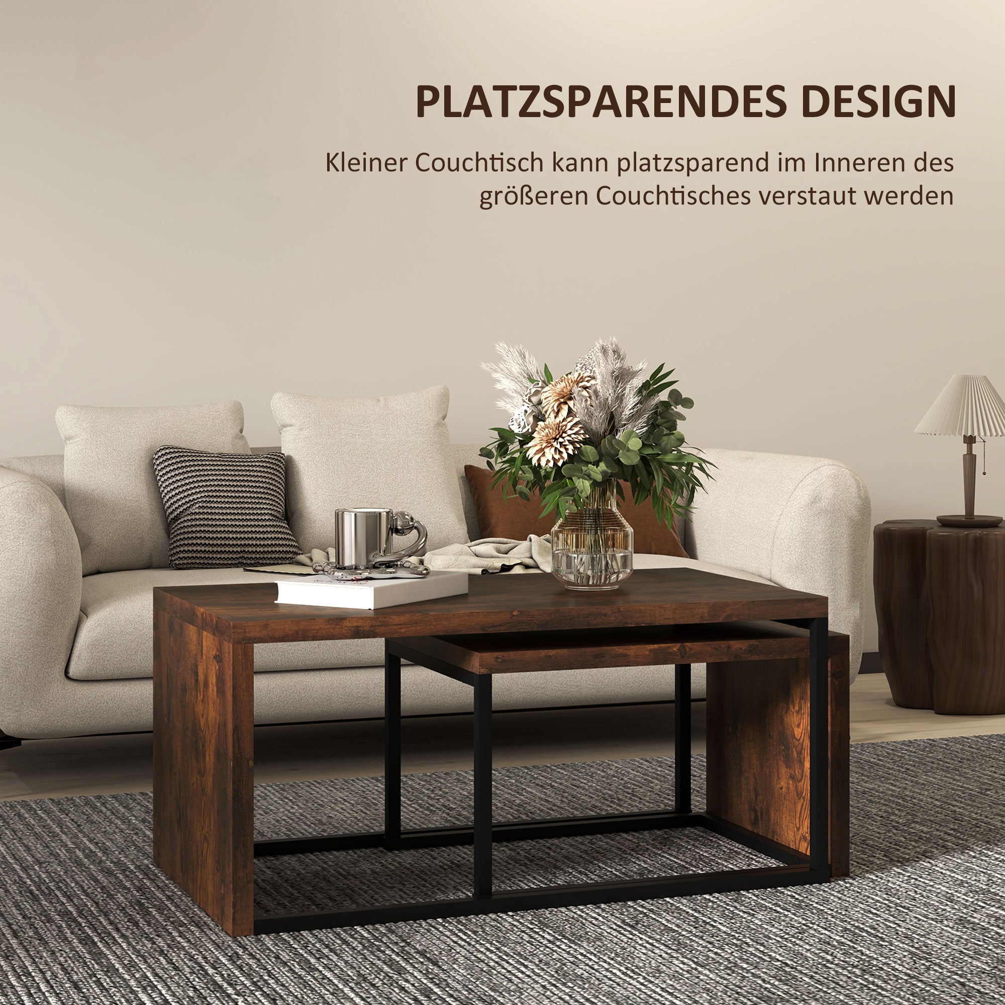 2-Piece Coffee Table Set Living Room Table with Metal Frame, Coffee Table End Table for Living Room Bedroom, Rustic Brown