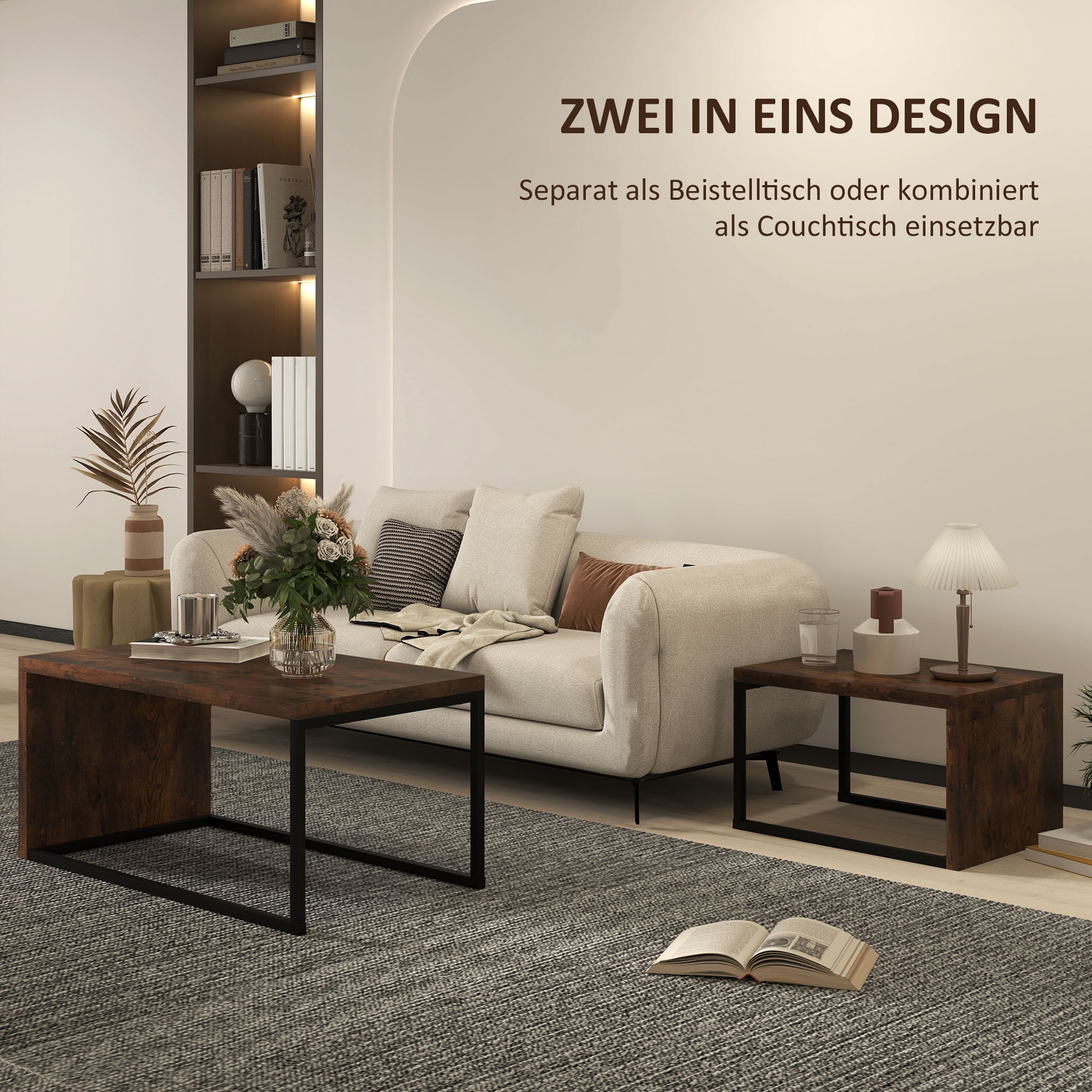 2-Piece Coffee Table Set Living Room Table with Metal Frame, Coffee Table End Table for Living Room Bedroom, Rustic Brown