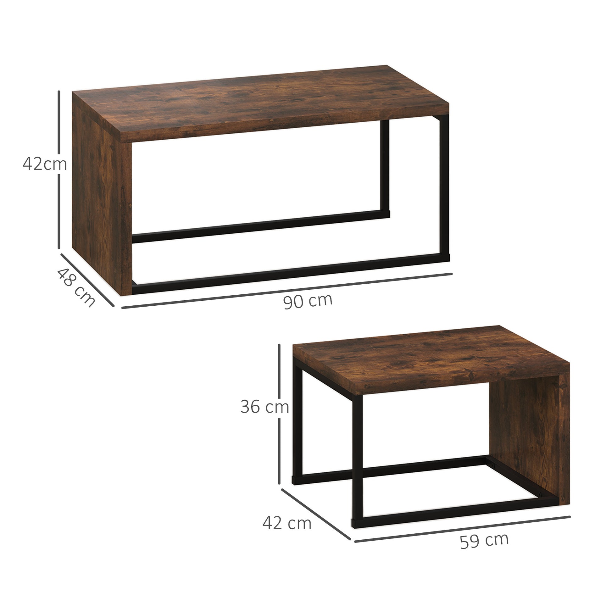 2-Piece Coffee Table Set Living Room Table with Metal Frame, Coffee Table End Table for Living Room Bedroom, Rustic Brown