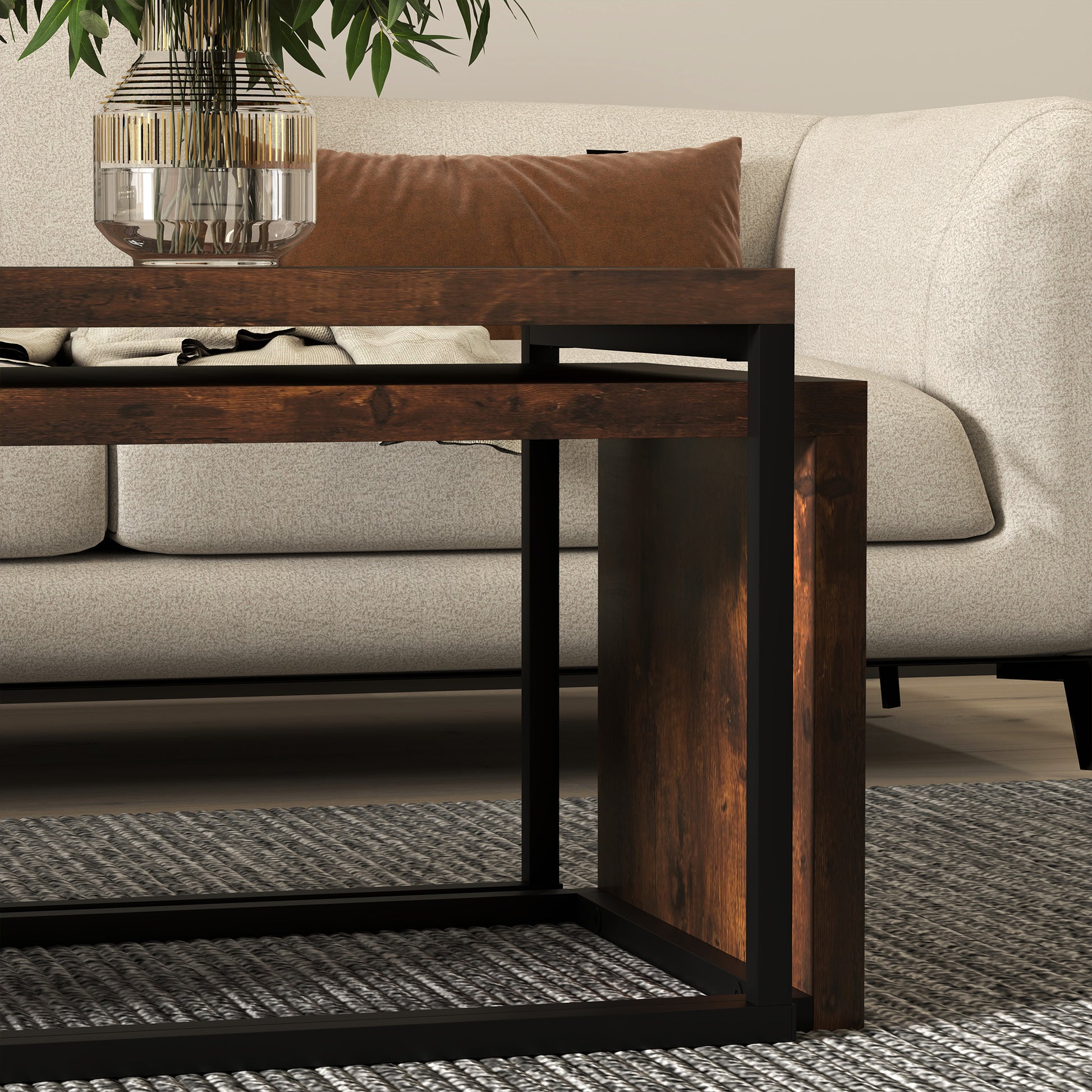 2-Piece Coffee Table Set Living Room Table with Metal Frame, Coffee Table End Table for Living Room Bedroom, Rustic Brown