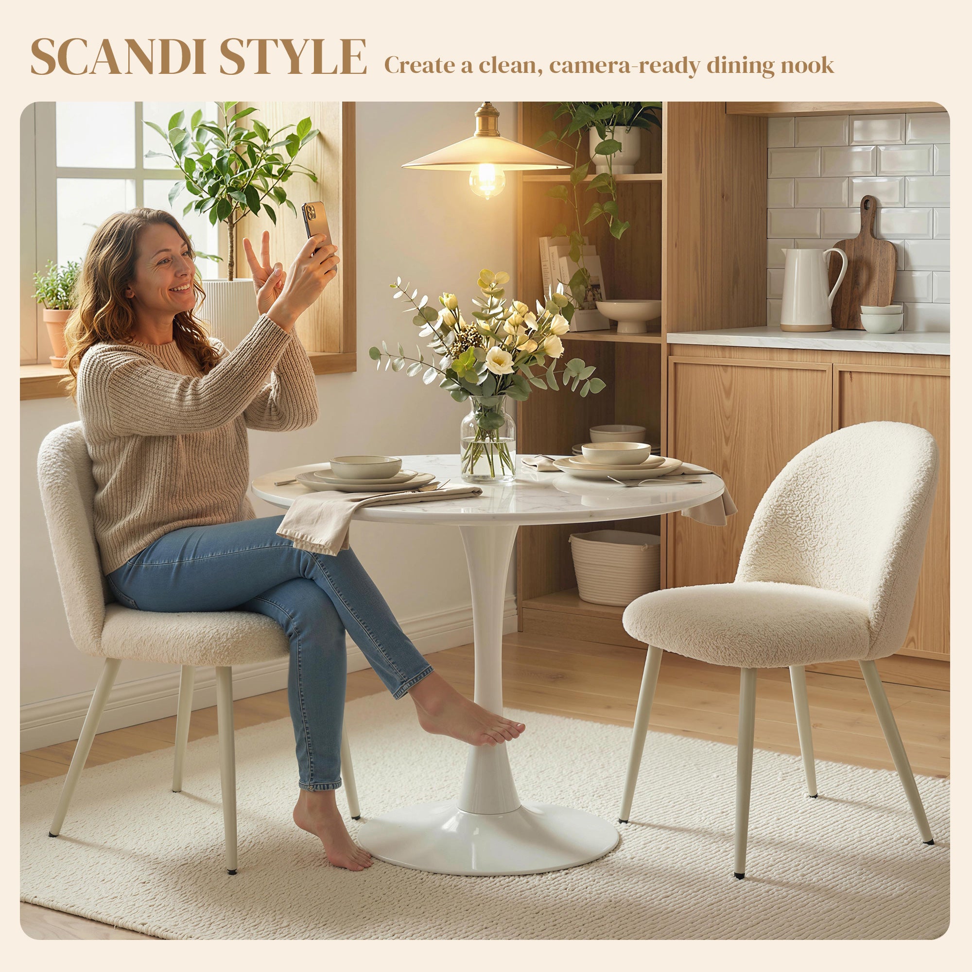 2-Pack Dining Chairs with Backrest, Cream Chenille Upholstery — Scandinavian Upholstered Side Chairs with Metal Legs