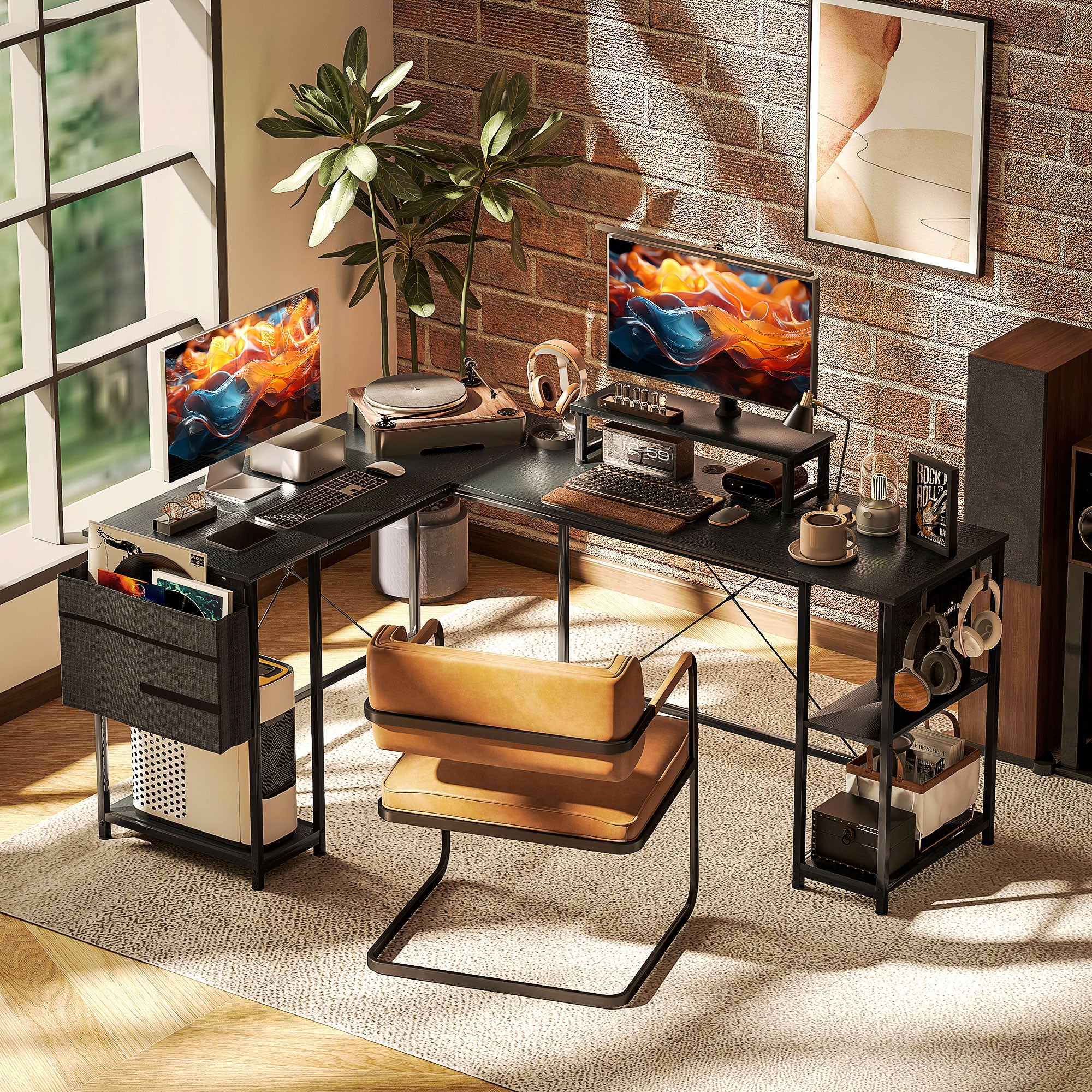 Reversible Modular Corner Desk with Storage, 66–94 in Industrial Black — Adjustable Shelves, Storage Pocket & Monitor Stand, Seats 2