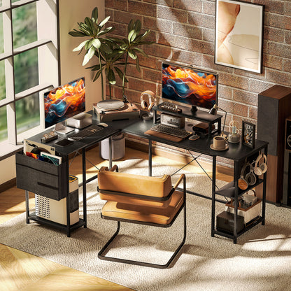 Reversible Modular Corner Desk with Storage, 66–94 in Industrial Black — Adjustable Shelves, Storage Pocket & Monitor Stand, Seats 2