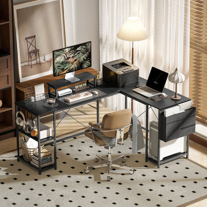 Reversible Modular Corner Desk with Storage, 66–94 in Industrial Black — Adjustable Shelves, Storage Pocket & Monitor Stand, Seats 2