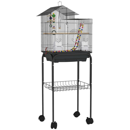 Birdcage with Wheels Bird Aviary with Multiple Doors 2 Feeders 2 Perches Swing Stairs and Removable Tray for Parrots Canaries Budgies 46x36x120 cm Black