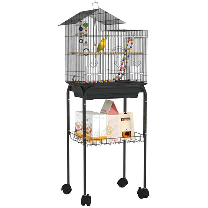 Birdcage with Wheels Bird Aviary with Multiple Doors 2 Feeders 2 Perches Swing Stairs and Removable Tray for Parrots Canaries Budgies 46x36x120 cm Black