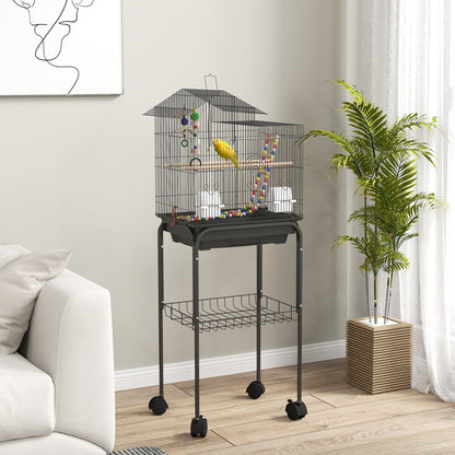 Birdcage with Wheels Bird Aviary with Multiple Doors 2 Feeders 2 Perches Swing Stairs and Removable Tray for Parrots Canaries Budgies 46x36x120 cm Black