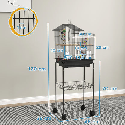 Birdcage with Wheels Bird Aviary with Multiple Doors 2 Feeders 2 Perches Swing Stairs and Removable Tray for Parrots Canaries Budgies 46x36x120 cm Black