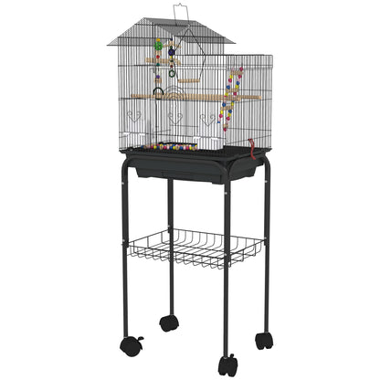 Birdcage with Wheels Bird Aviary with Multiple Doors 2 Feeders 2 Perches Swing Stairs and Removable Tray for Parrots Canaries Budgies 46x36x120 cm Black