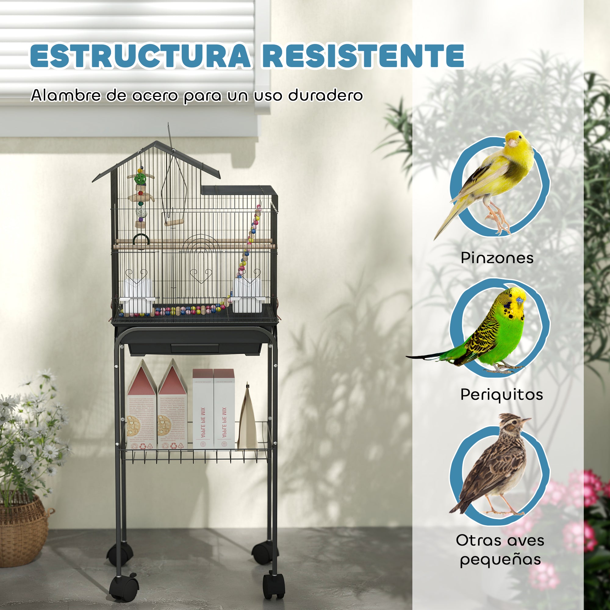Birdcage with Wheels Bird Aviary with Multiple Doors 2 Feeders 2 Perches Swing Stairs and Removable Tray for Parrots Canaries Budgies 46x36x120 cm Black