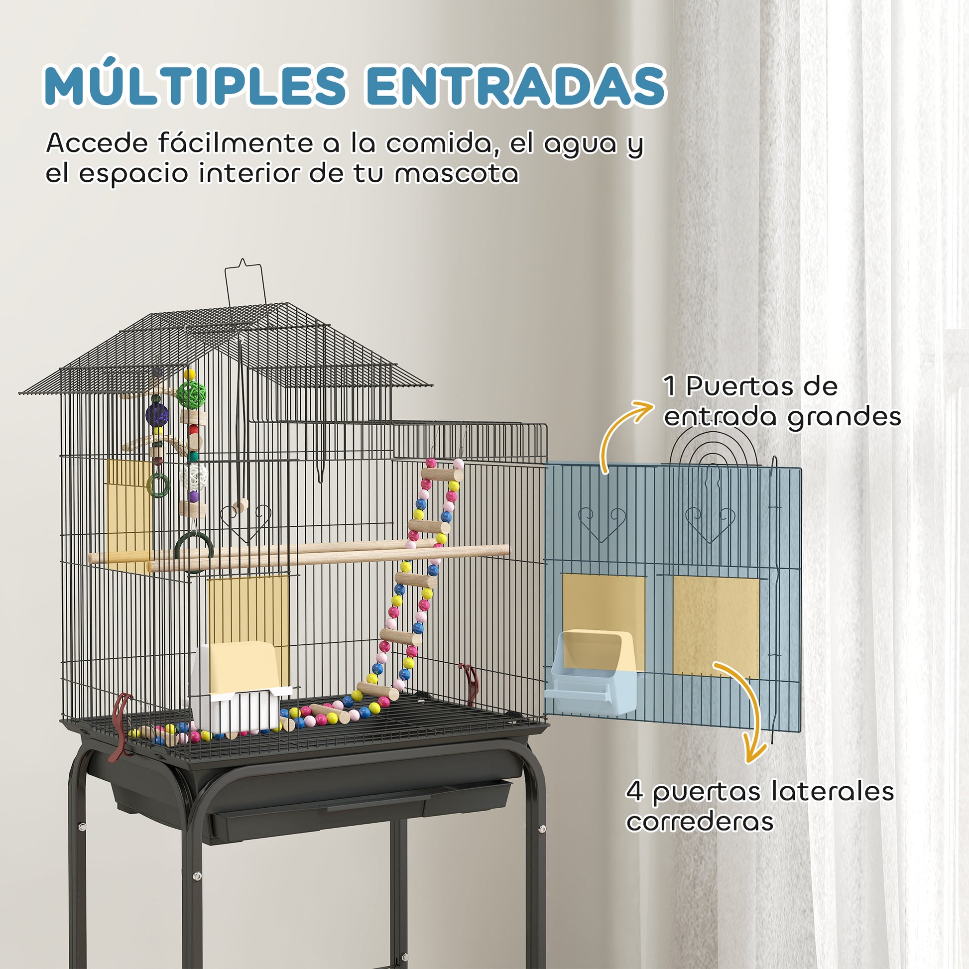Birdcage with Wheels Bird Aviary with Multiple Doors 2 Feeders 2 Perches Swing Stairs and Removable Tray for Parrots Canaries Budgies 46x36x120 cm Black