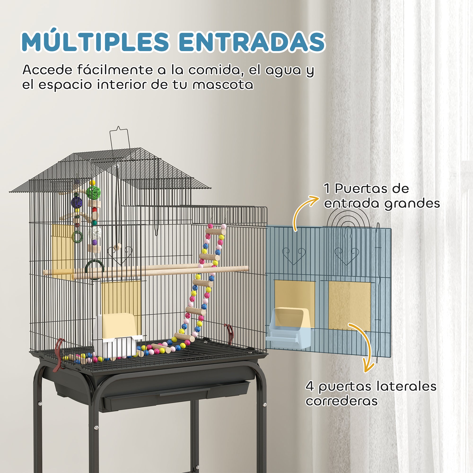 Birdcage with Wheels Bird Aviary with Multiple Doors 2 Feeders 2 Perches Swing Stairs and Removable Tray for Parrots Canaries Budgies 46x36x120 cm Black