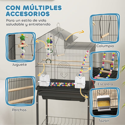 Birdcage with Wheels Bird Aviary with Multiple Doors 2 Feeders 2 Perches Swing Stairs and Removable Tray for Parrots Canaries Budgies 46x36x120 cm Black