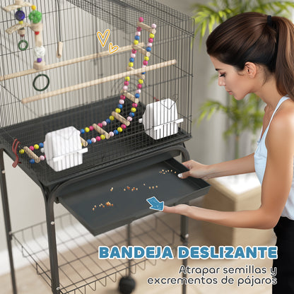 Birdcage with Wheels Bird Aviary with Multiple Doors 2 Feeders 2 Perches Swing Stairs and Removable Tray for Parrots Canaries Budgies 46x36x120 cm Black