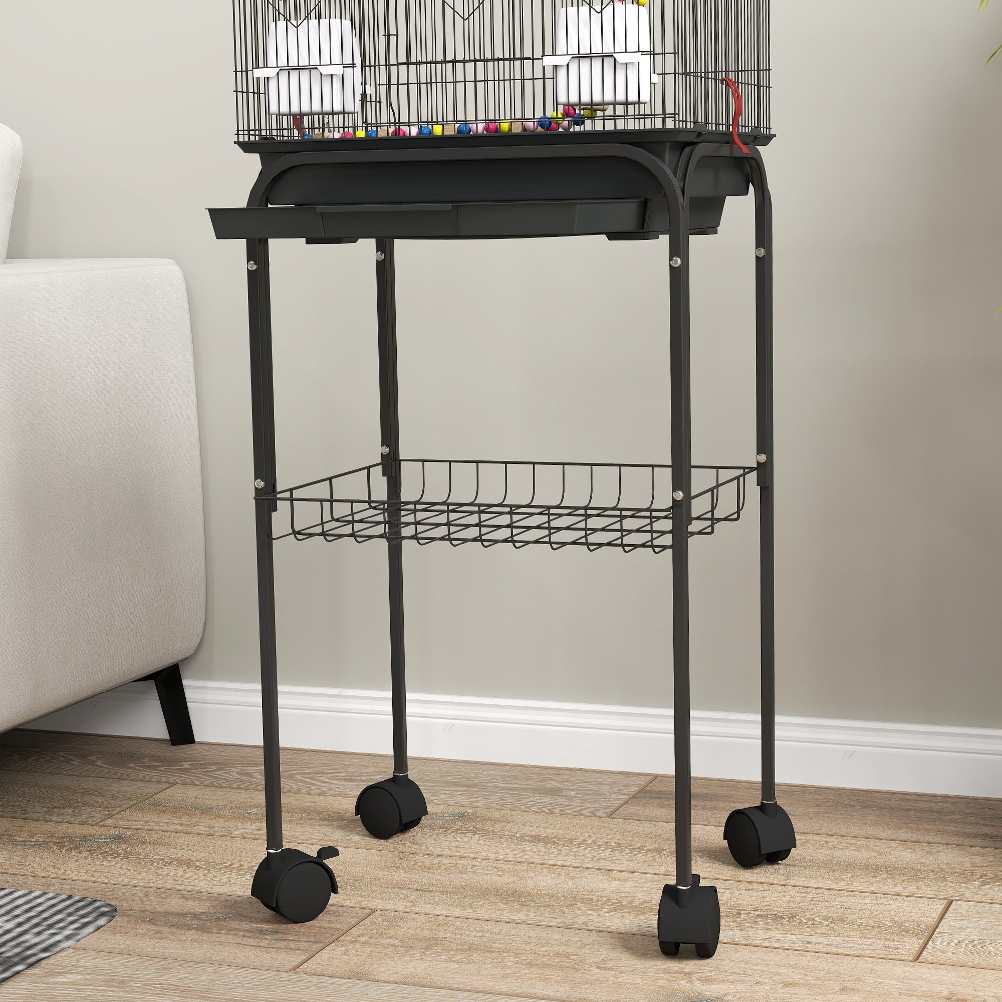 Birdcage with Wheels Bird Aviary with Multiple Doors 2 Feeders 2 Perches Swing Stairs and Removable Tray for Parrots Canaries Budgies 46x36x120 cm Black