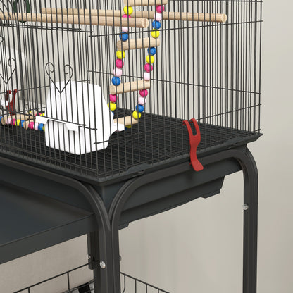 Birdcage with Wheels Bird Aviary with Multiple Doors 2 Feeders 2 Perches Swing Stairs and Removable Tray for Parrots Canaries Budgies 46x36x120 cm Black