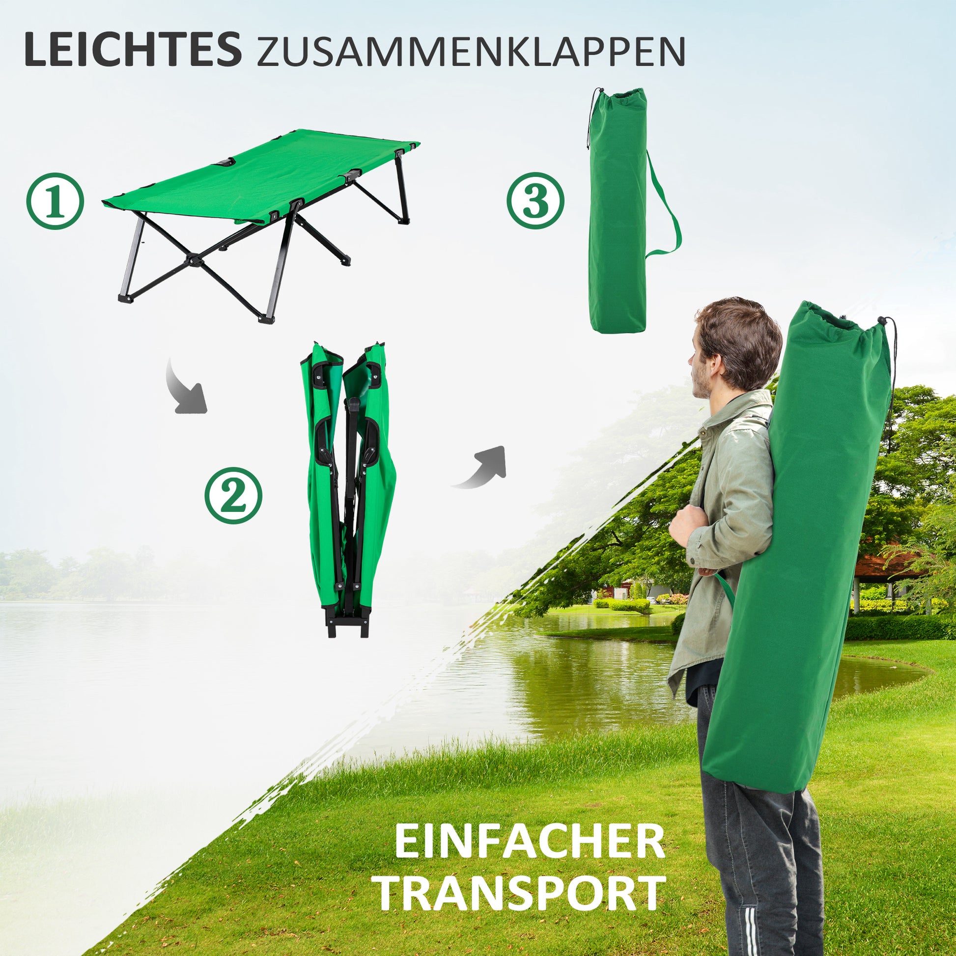 Camping Bed Folding Bed Portable with Side Pocket Cup Holder up to 136 kg load capacity Steel Oxford Green+Black 190 x 65 x 40 cm
