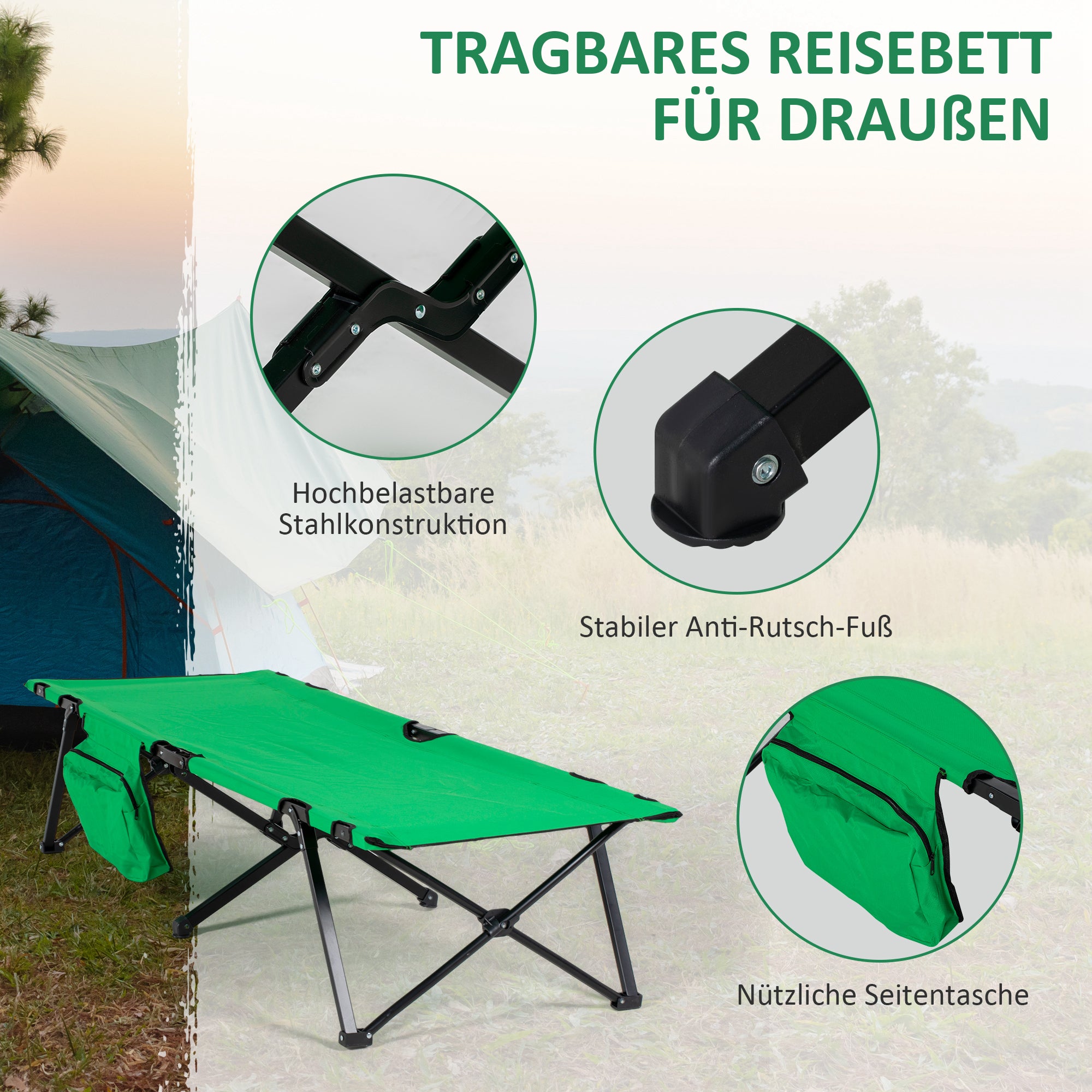 Camping Bed Folding Bed Portable with Side Pocket Cup Holder up to 136 kg load capacity Steel Oxford Green+Black 190 x 65 x 40 cm