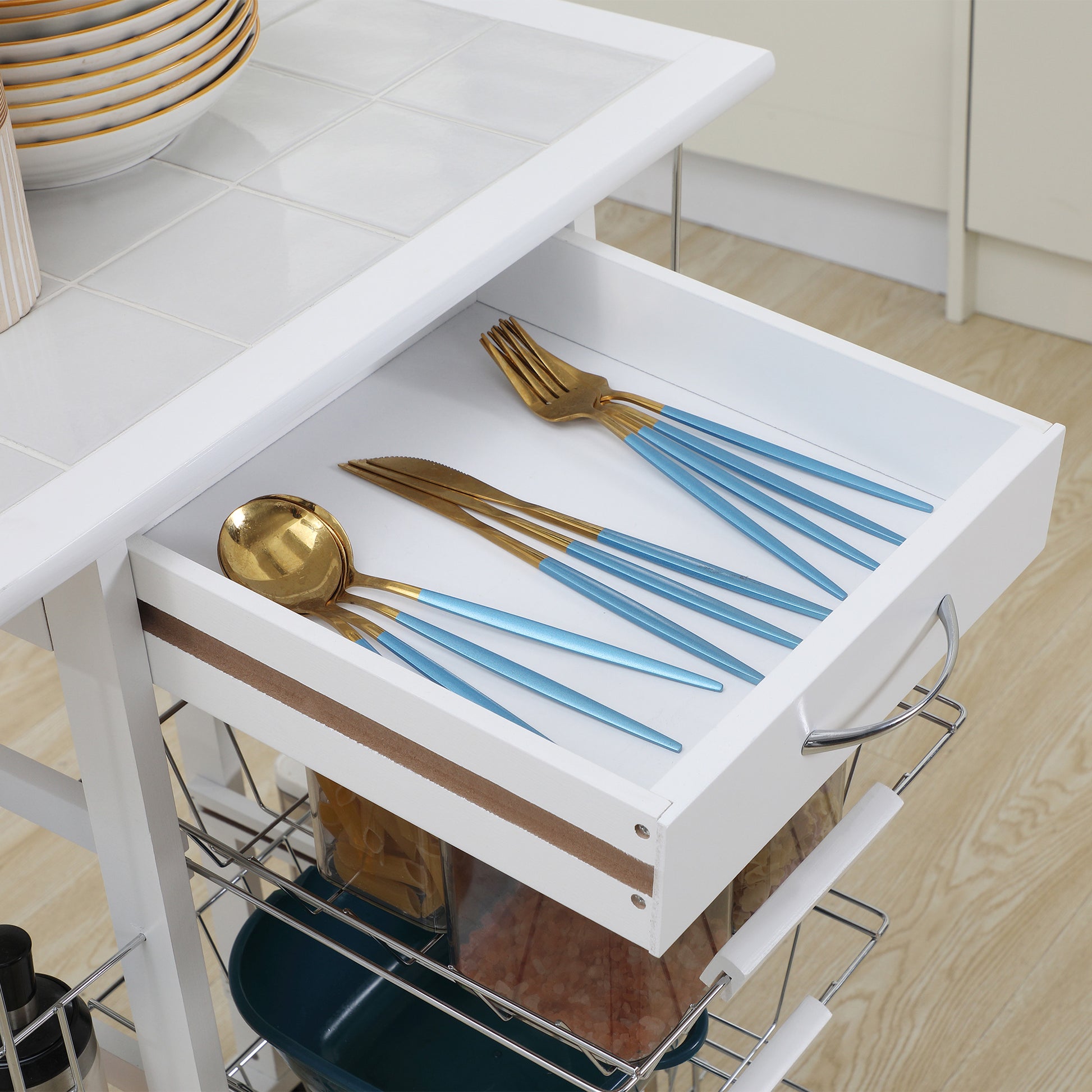 Kitchen Cart with Wheels Vegetable Cart with Tiled Countertop Drawer 4 Metal Baskets and 4 Side Spice Racks for Dining Room 57x37x83 cm White