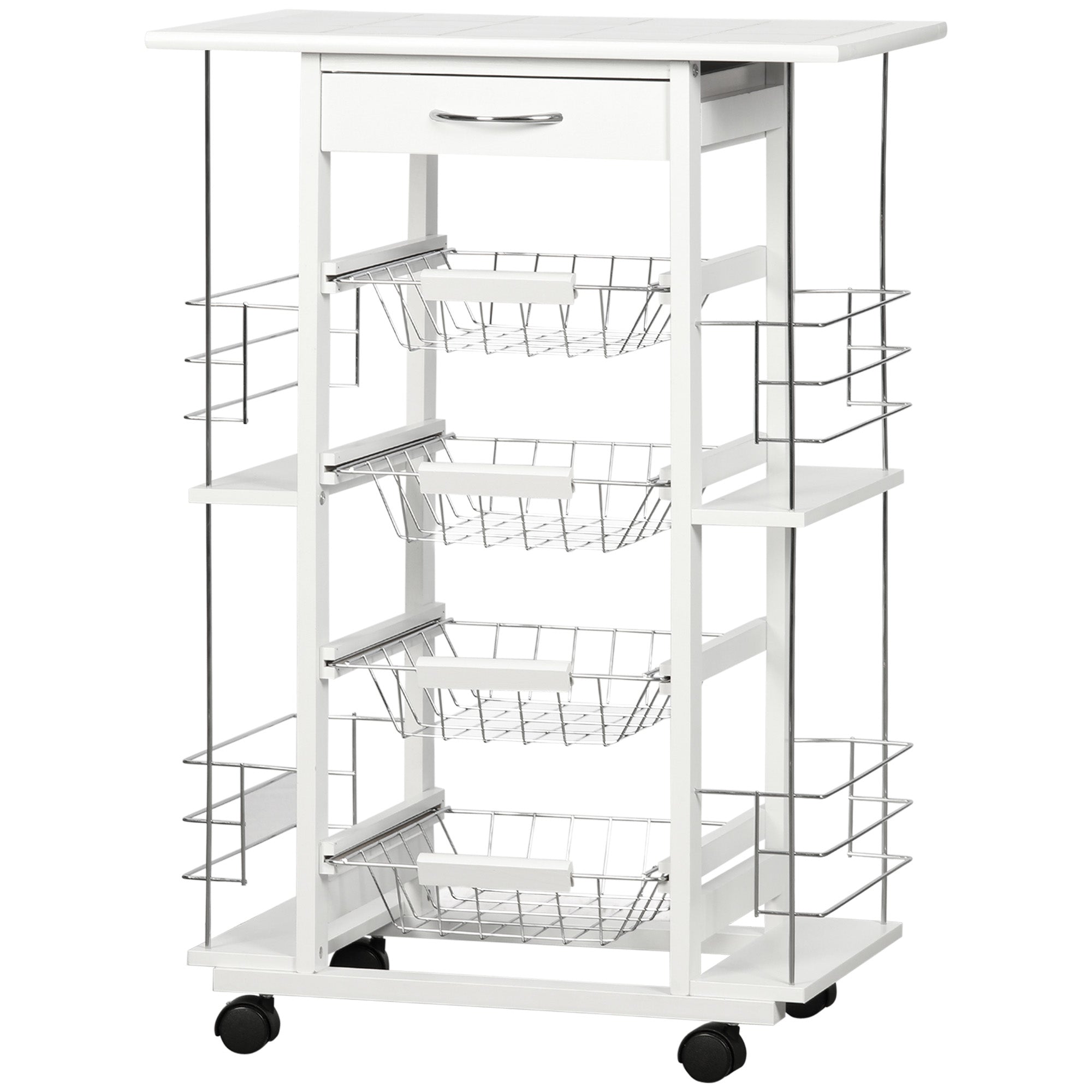 Kitchen Cart with Wheels Vegetable Cart with Tiled Countertop Drawer 4 Metal Baskets and 4 Side Spice Racks for Dining Room 57x37x83 cm White