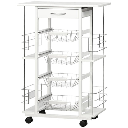 Kitchen Cart with Wheels Vegetable Cart with Tiled Countertop Drawer 4 Metal Baskets and 4 Side Spice Racks for Dining Room 57x37x83 cm White