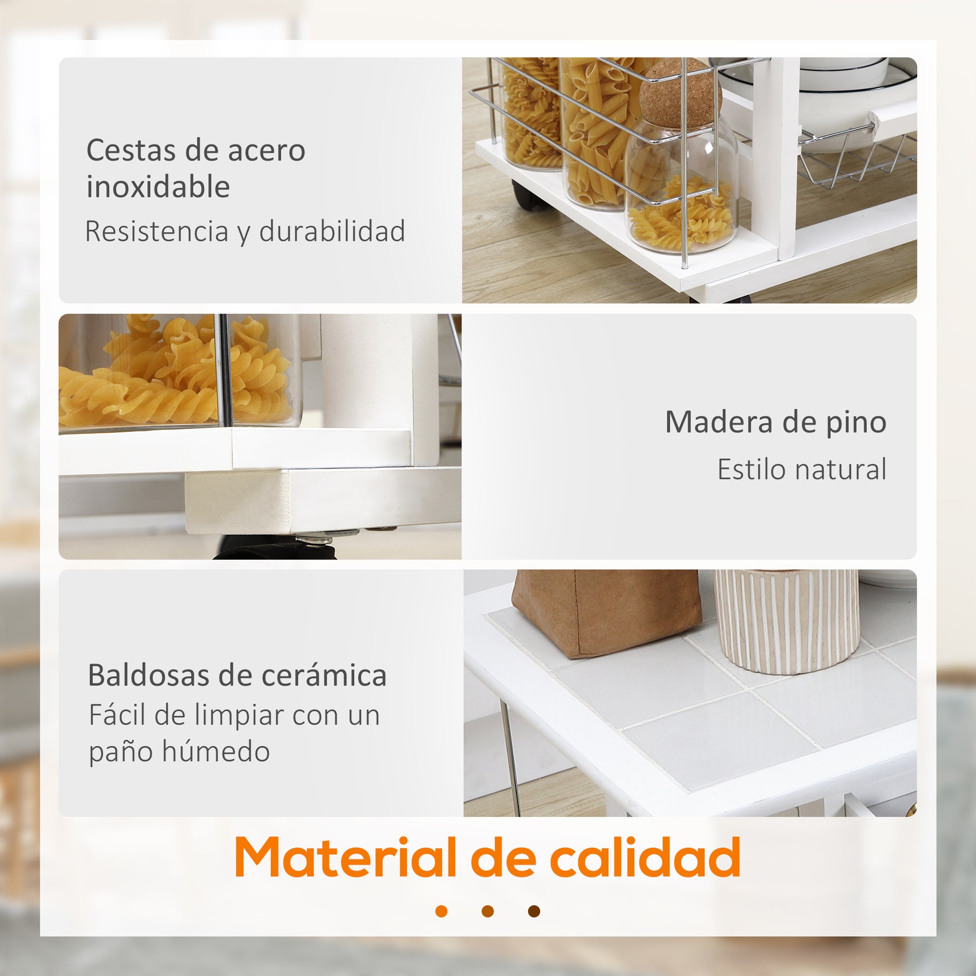 Kitchen Cart with Wheels Vegetable Cart with Tiled Countertop Drawer 4 Metal Baskets and 4 Side Spice Racks for Dining Room 57x37x83 cm White
