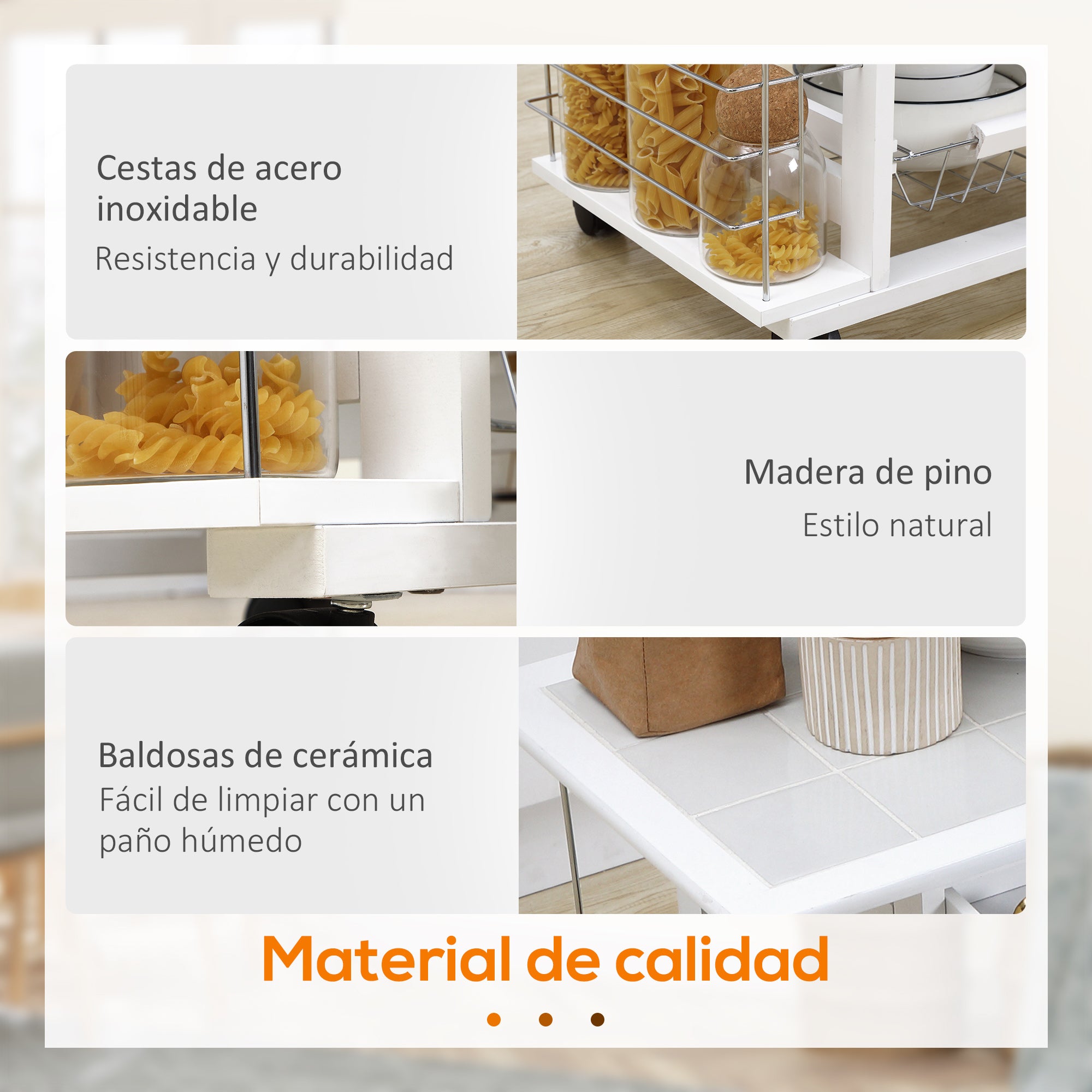 Kitchen Cart with Wheels Vegetable Cart with Tiled Countertop Drawer 4 Metal Baskets and 4 Side Spice Racks for Dining Room 57x37x83 cm White