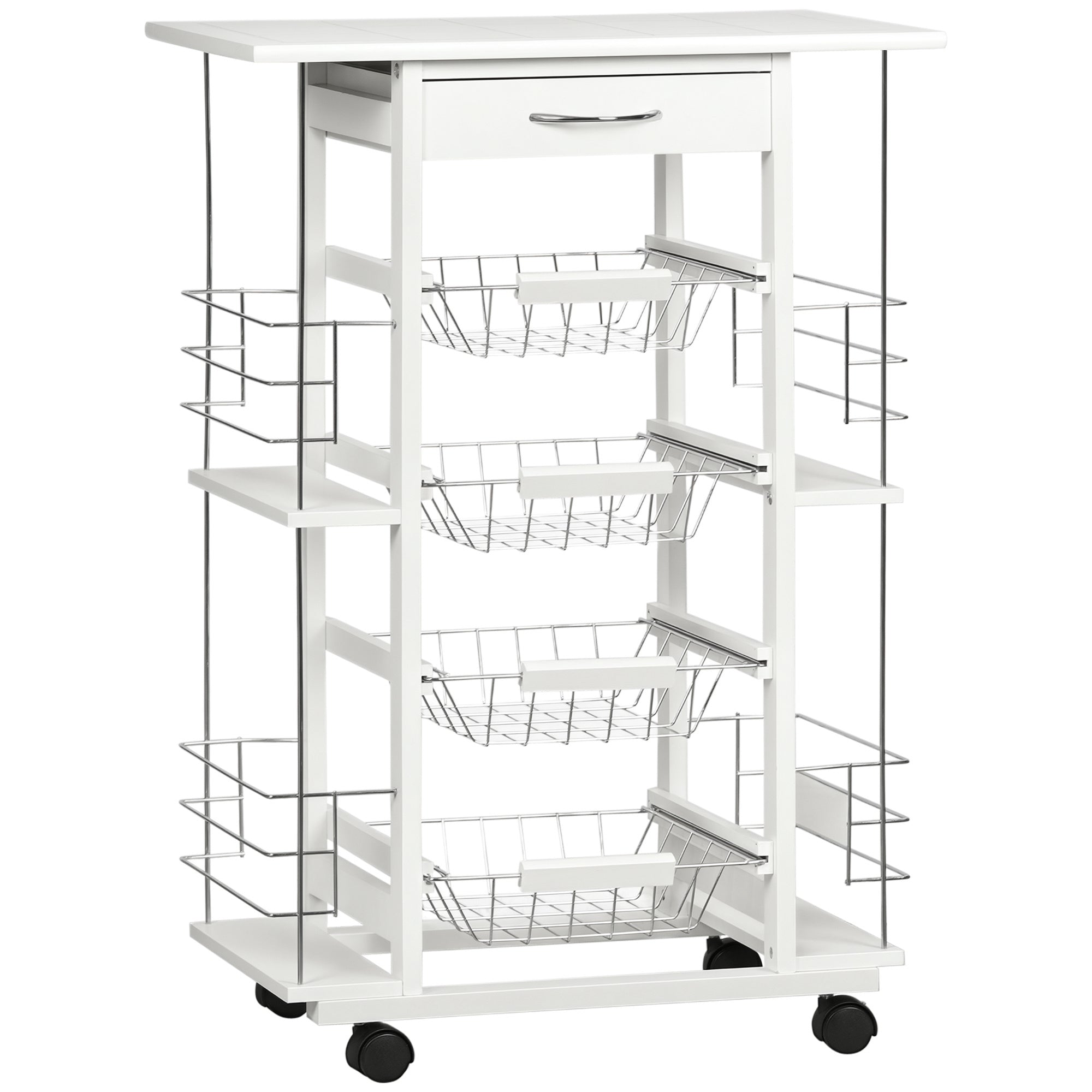 Kitchen Cart with Wheels Vegetable Cart with Tiled Countertop Drawer 4 Metal Baskets and 4 Side Spice Racks for Dining Room 57x37x83 cm White