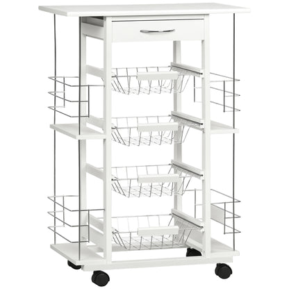 Kitchen Cart with Wheels Vegetable Cart with Tiled Countertop Drawer 4 Metal Baskets and 4 Side Spice Racks for Dining Room 57x37x83 cm White