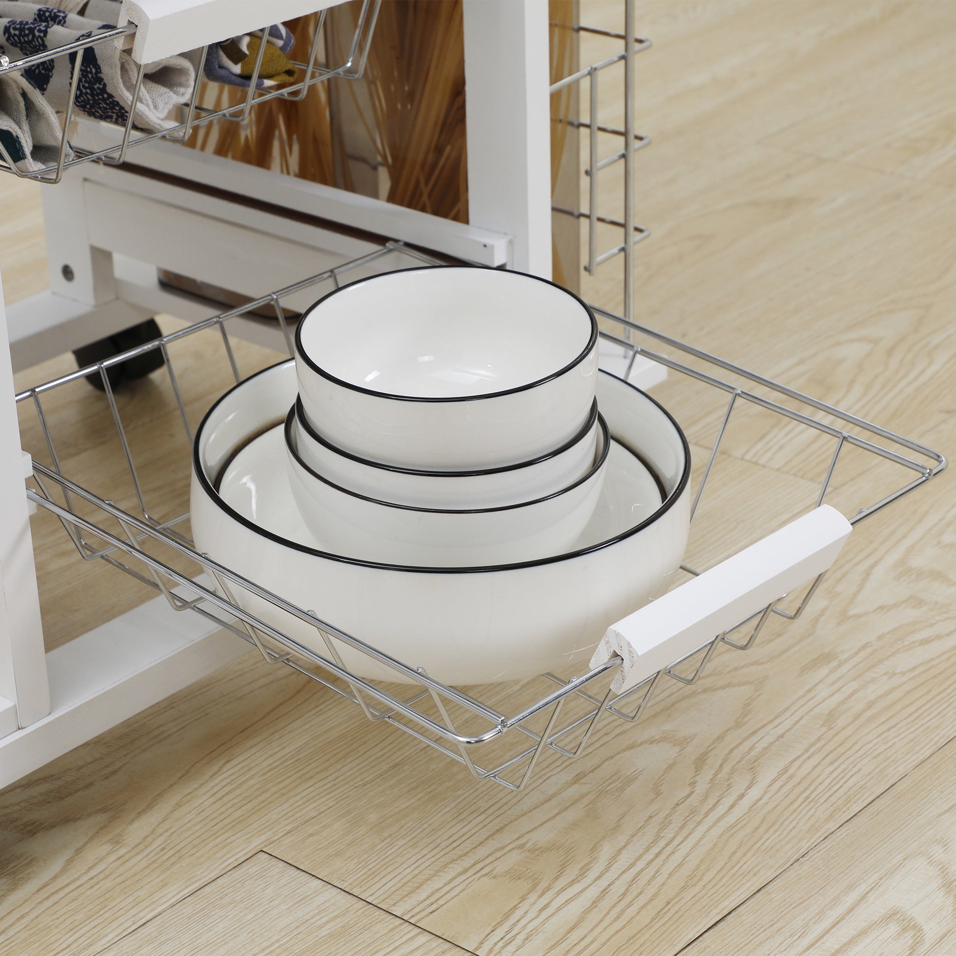 Kitchen Cart with Wheels Vegetable Cart with Tiled Countertop Drawer 4 Metal Baskets and 4 Side Spice Racks for Dining Room 57x37x83 cm White