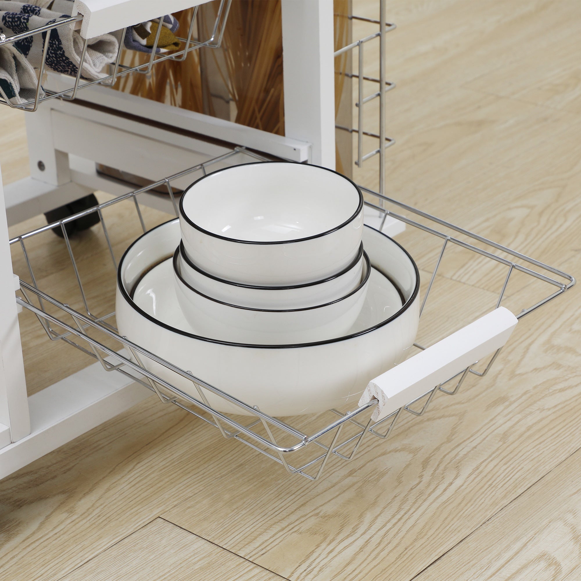 Kitchen Cart with Wheels Vegetable Cart with Tiled Countertop Drawer 4 Metal Baskets and 4 Side Spice Racks for Dining Room 57x37x83 cm White