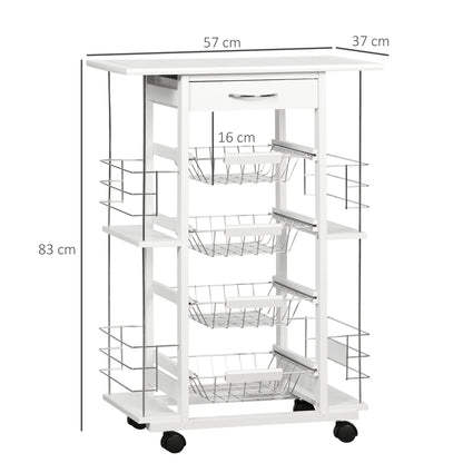 Kitchen Cart with Wheels Vegetable Cart with Tiled Countertop Drawer 4 Metal Baskets and 4 Side Spice Racks for Dining Room 57x37x83 cm White