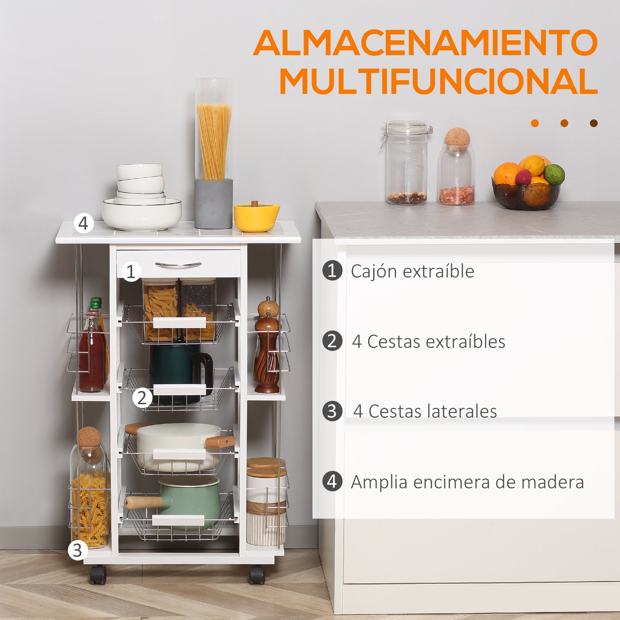 Kitchen Cart with Wheels Vegetable Cart with Tiled Countertop Drawer 4 Metal Baskets and 4 Side Spice Racks for Dining Room 57x37x83 cm White
