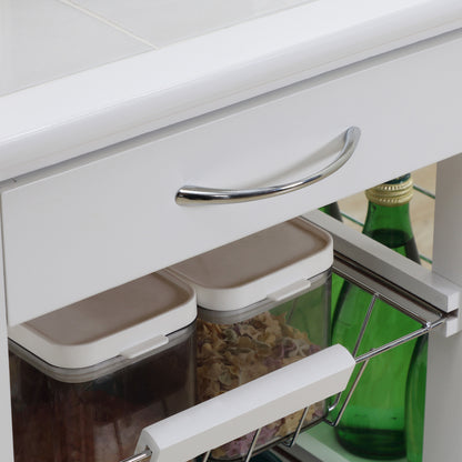 Kitchen Cart with Wheels Vegetable Cart with Tiled Countertop Drawer 4 Metal Baskets and 4 Side Spice Racks for Dining Room 57x37x83 cm White