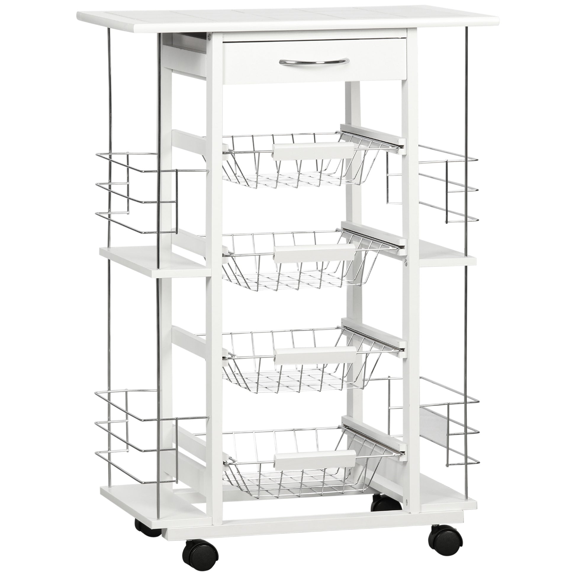 Kitchen Cart with Wheels Vegetable Cart with Tiled Countertop Drawer 4 Metal Baskets and 4 Side Spice Racks for Dining Room 57x37x83 cm White