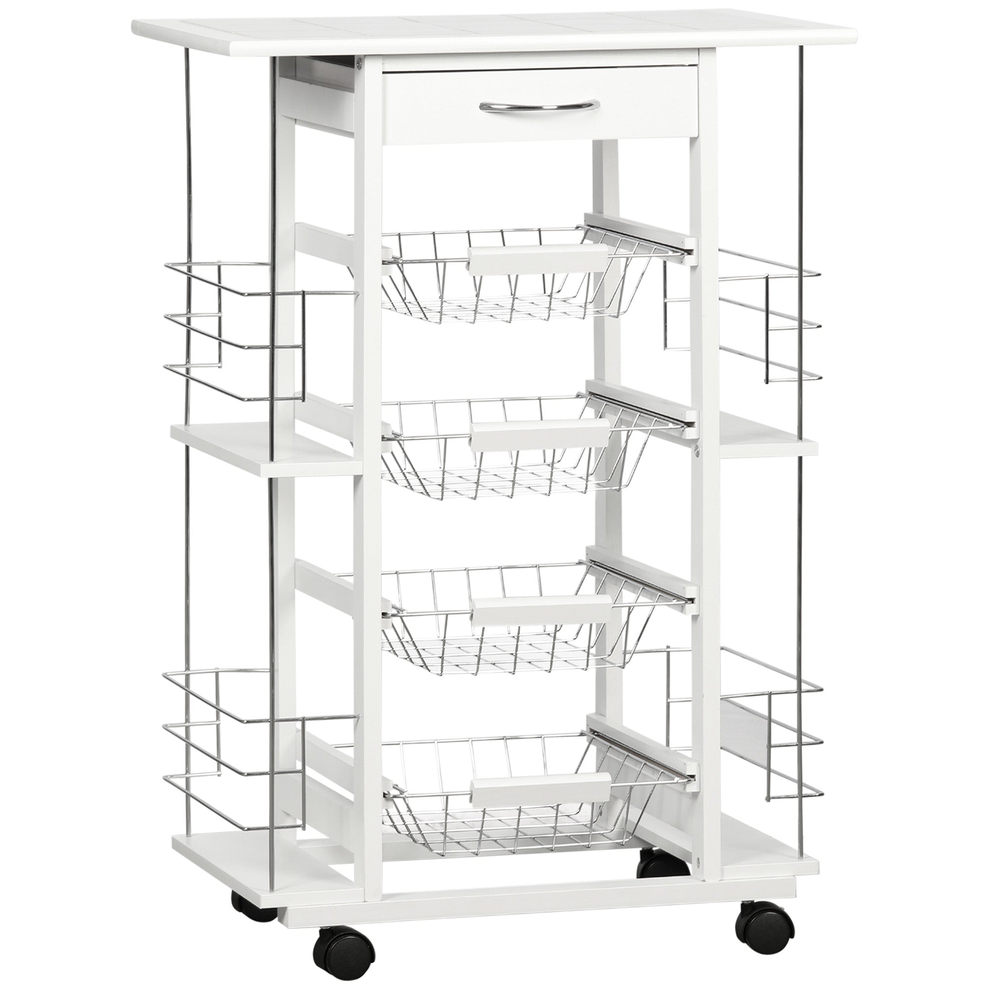 Kitchen Cart with Wheels Vegetable Cart with Tiled Countertop Drawer 4 Metal Baskets and 4 Side Spice Racks for Dining Room 57x37x83 cm White