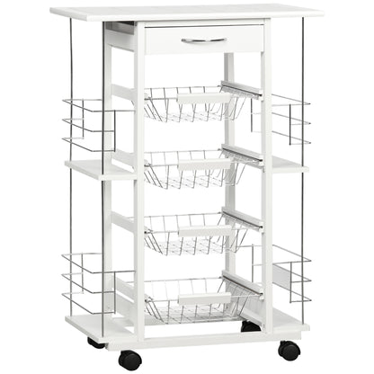 Kitchen Cart with Wheels Vegetable Cart with Tiled Countertop Drawer 4 Metal Baskets and 4 Side Spice Racks for Dining Room 57x37x83 cm White
