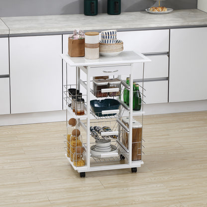 Kitchen Cart with Wheels Vegetable Cart with Tiled Countertop Drawer 4 Metal Baskets and 4 Side Spice Racks for Dining Room 57x37x83 cm White