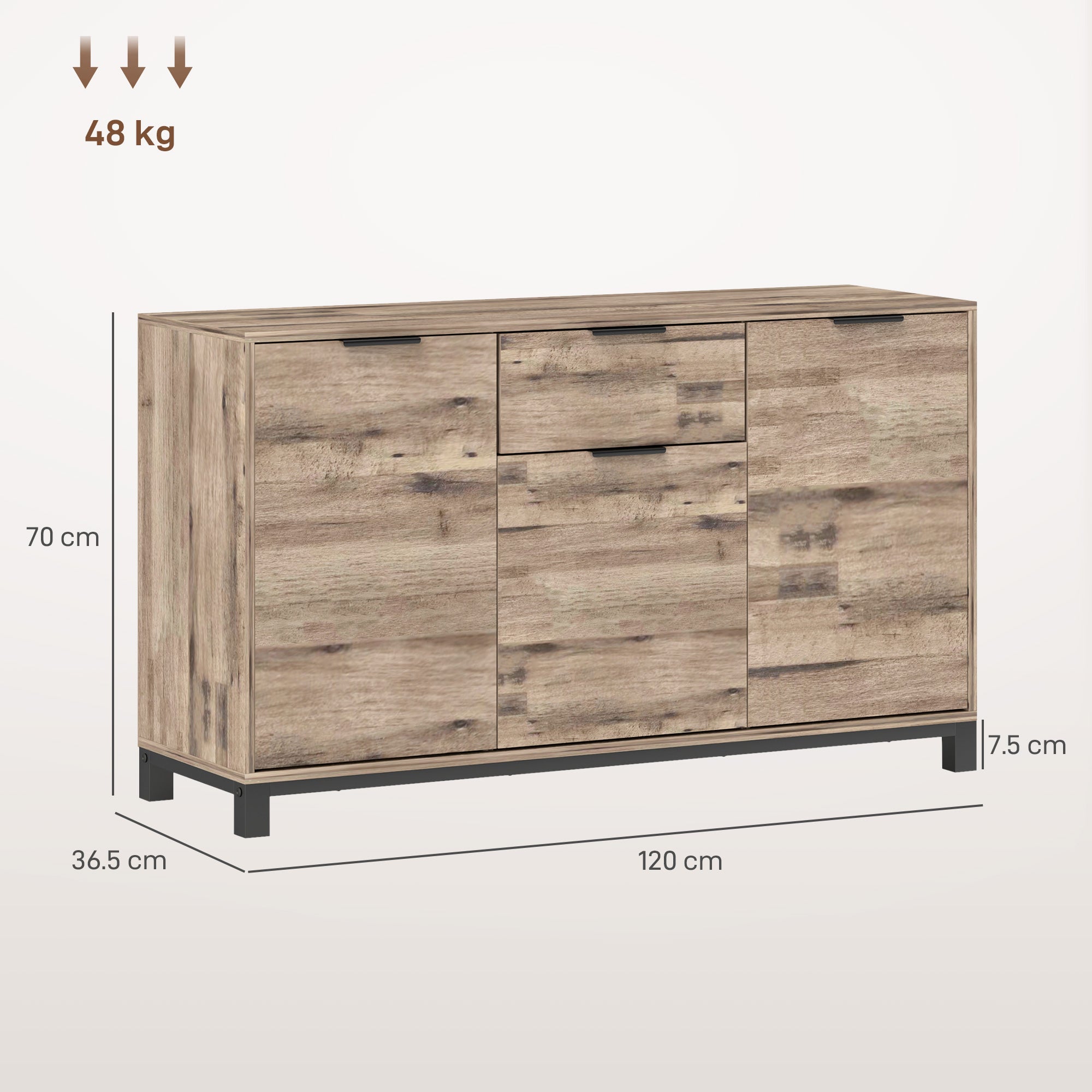 Living Room Cabinet, Sideboard with Drawer and 3 Cabinets with Adjustable Shelves, Cupboard with Industrial Style Steel Legs for Dining Room and Kitchen, 120x36.5x70 cm, Brown