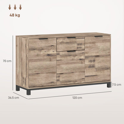 Living Room Cabinet, Sideboard with Drawer and 3 Cabinets with Adjustable Shelves, Cupboard with Industrial Style Steel Legs for Dining Room and Kitchen, 120x36.5x70 cm, Brown